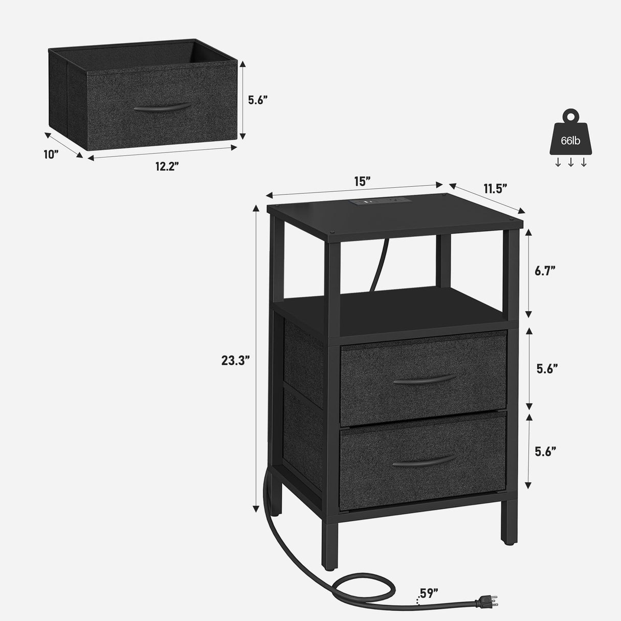TUTOTAK End Table with Charging Station, Side Table with 1 USB & 1 USB- C type Port and Outlets, Nightstand with Cloth Drawer, Set of 2, Couch Table, Black TB01BK067 TUTOTAK