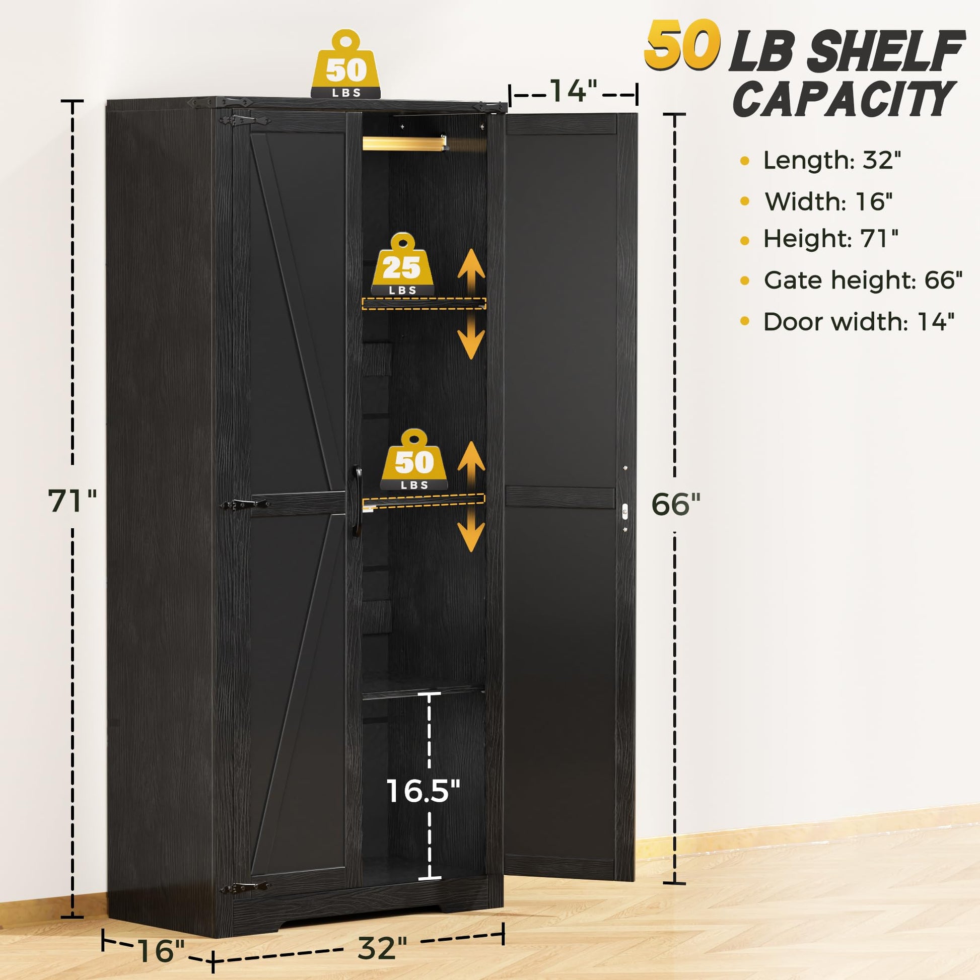 INTERGREAT 72”Tall Storage Cabinet, Wood Wardrobe Closet with 2 Barn Doors and Adjustable Shelves, Large Pantry Cabinet for Bedroom, Bathroom, Kitchen,Black - WoodArtSupply