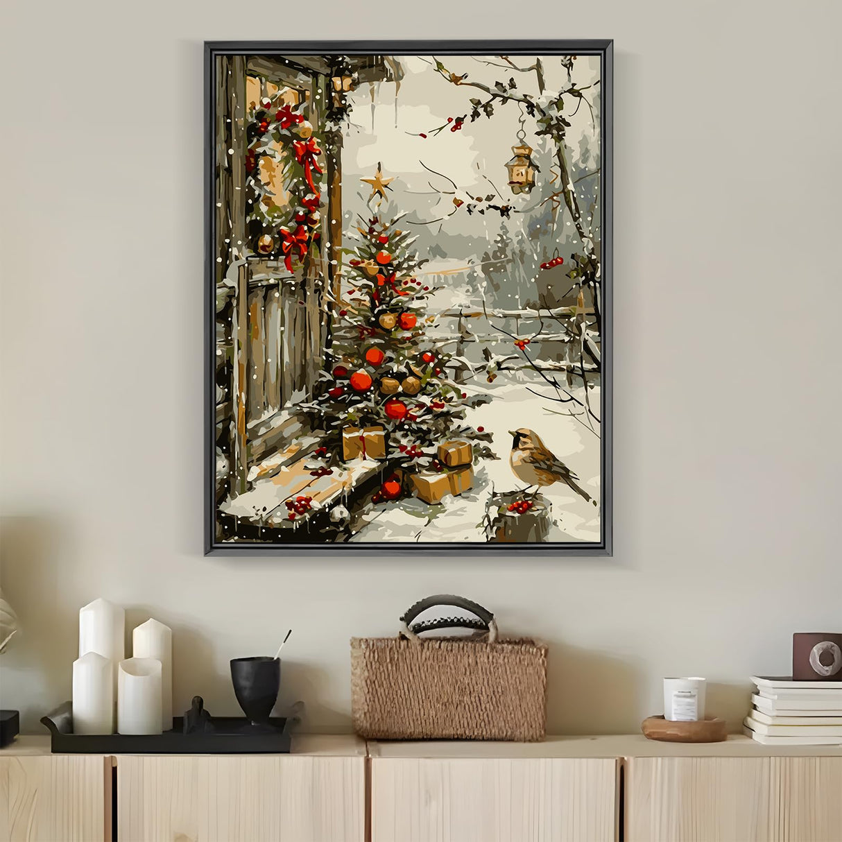 LKHMVCA Christmas Tree House Bird Paint by Numbers for Adults, DIY Winter Paint by Numbers Kits for Adults Beginners Without Frame, Acrylic Paint Canvas Painting Kits Art for Home Decor 16x20 Inch LKHMVCA