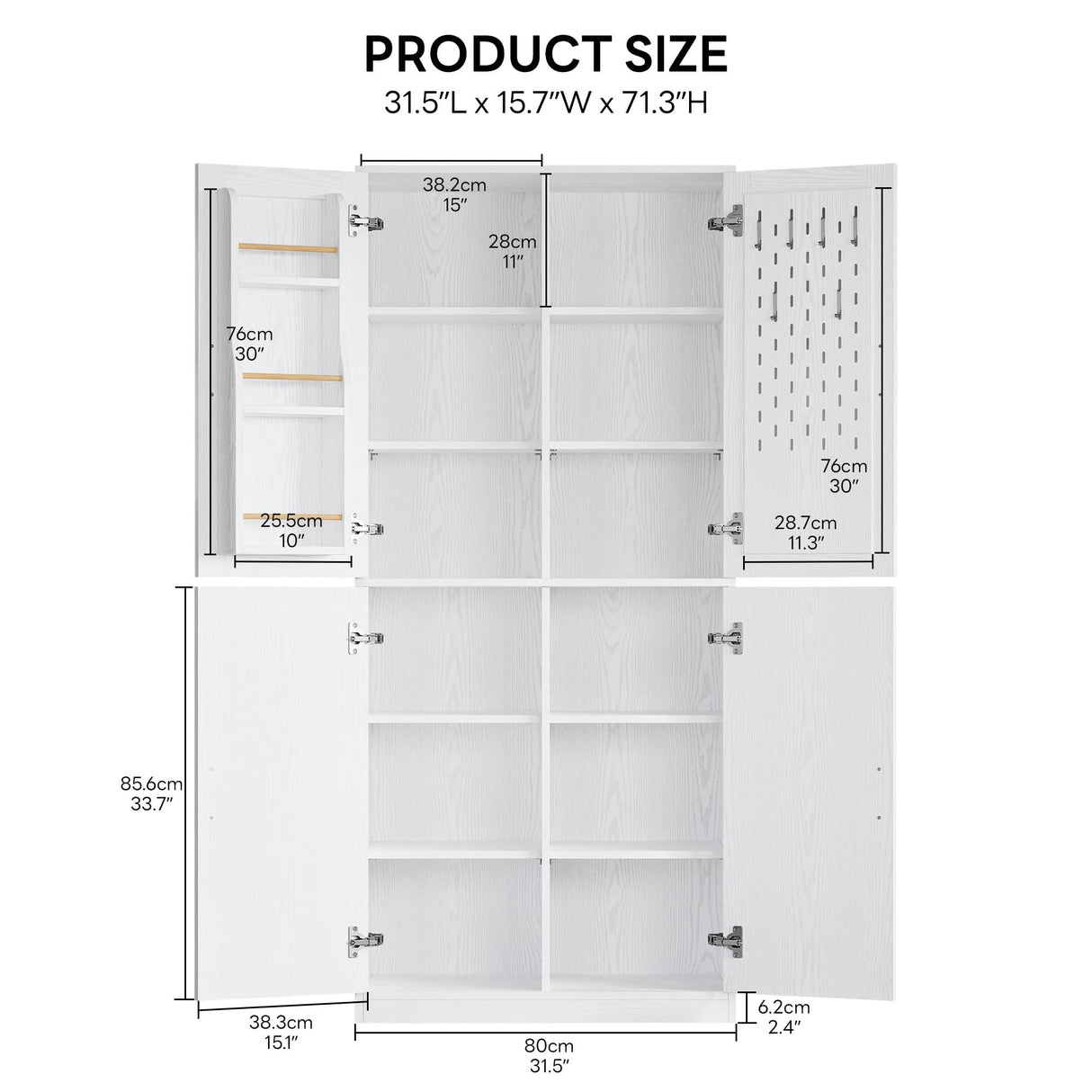 IRONCK 71" Kitchen Pantry Storage Cabinet with Storage Rack, Pegboard Doors, 4 Adjustable Shelves, Food Pantry Cabinet, Freestanding Tall Cupboard for Dining Room, Kitchen, White IRONCK