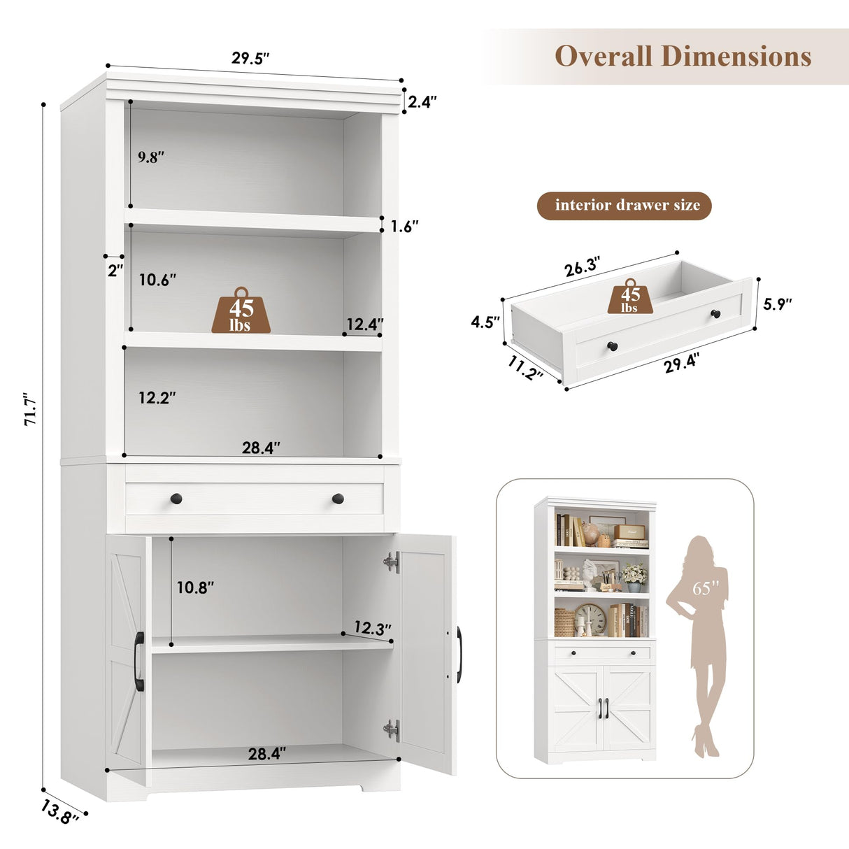 HOSTACK 72" Tall Book Shelf and Bookcase, 14" Deep Bookshelf with Drawer and Doors, Farmhouse Book Case with Storage, Wood Storage Cabinet with Display Shelves for Home Office, Living Room, White HOSTACK