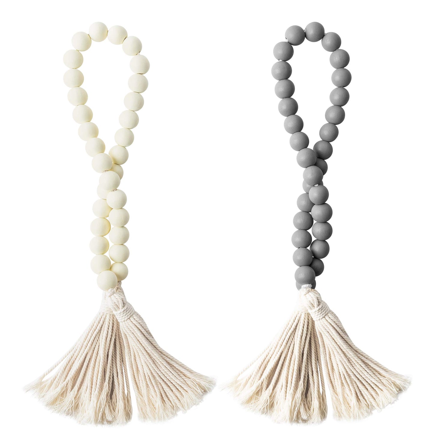 R HORSE 2Pcs Classic Wood Beads Tassel, 27 Inch White & Gray Wood Bead Garland Farmhouse Rustic Beads with Jute Rope Plaid Tassel Natural Wood Beads for Christmas Home Décor