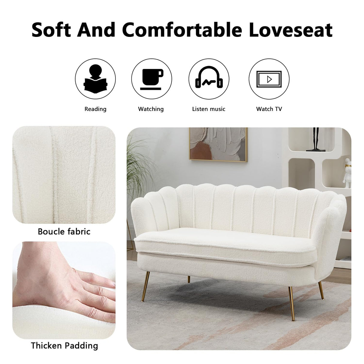 Anwick 59" Small Modern Chenille Loveseat Sofa, 2-Seater Sofa with Gold Metal Legs, Small Couch with Flower Shaped Back for Living Room Bedroom Office (Ivory) Anwick