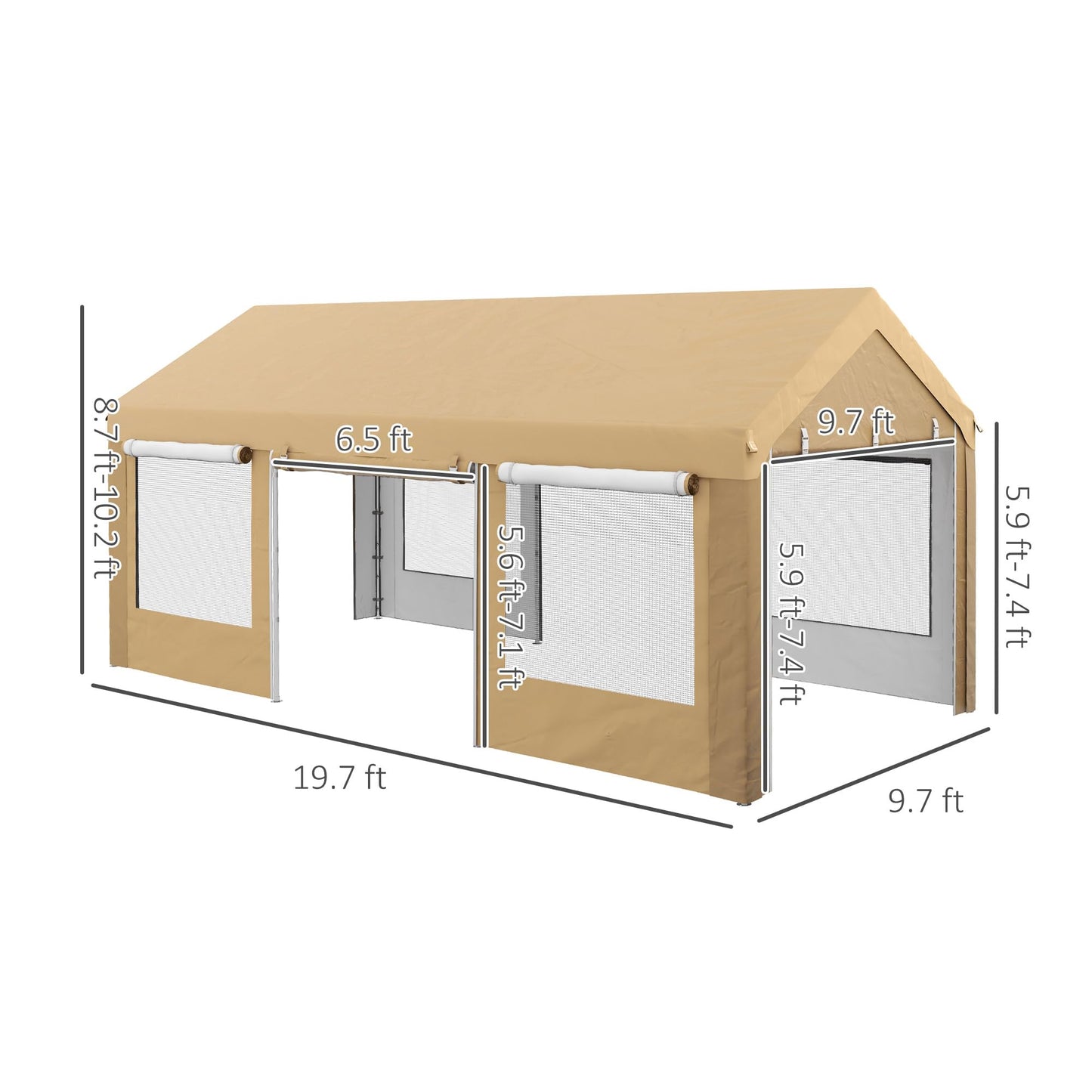 Outsunny Carport 10' x 20' Portable Garage, Height Adjustable Heavy Duty Car Port Canopy with 4 Roll-up Doors & 4 Ventilated Windows for Car, Truck, Boat, Garden Tools, Beige - WoodArtSupply