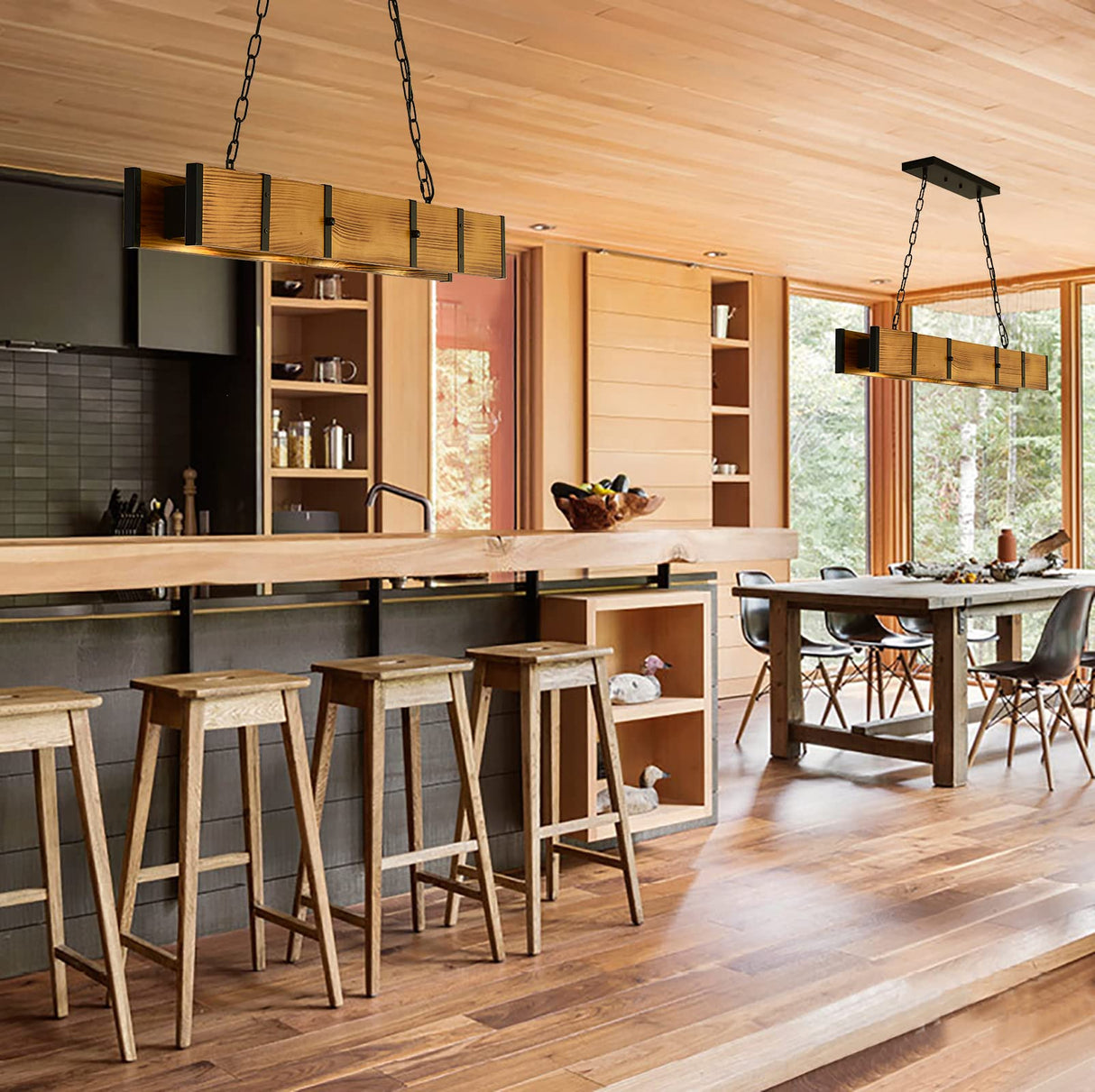 Rustic Wood Chandeliers, Wood Pendant Lighting with 4x5w LED 3 Color Change Light, Farmhouse Rectangle Dining Room Chandelier Industrial Hanging Light for Kitchen Island Pool Table TEINIE