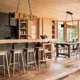 Rustic Wood Chandeliers, Wood Pendant Lighting with 4x5w LED 3 Color Change Light, Farmhouse Rectangle Dining Room Chandelier Industrial Hanging Light for Kitchen Island Pool Table TEINIE