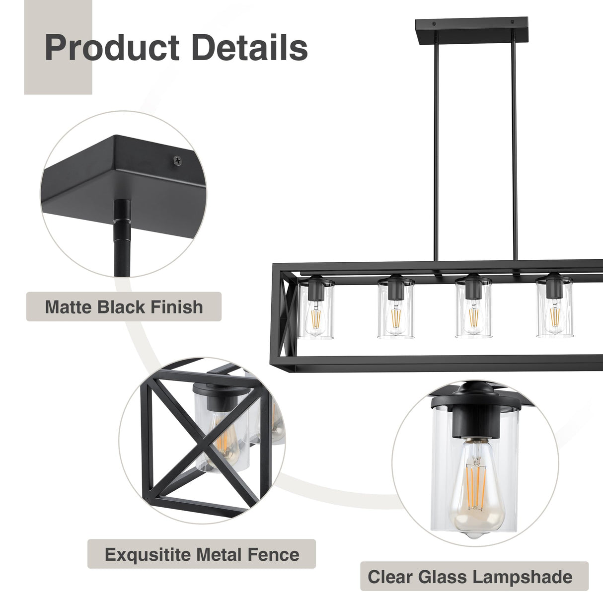 Espird Farmhouse Dining Room Light Fixture - 5 Light Matte Black Rectangle Light Fixture with Adjustable Height & Thickened Metal Dining Table Fixture Chandeliers for Dining Room&Kitchen Island Espird