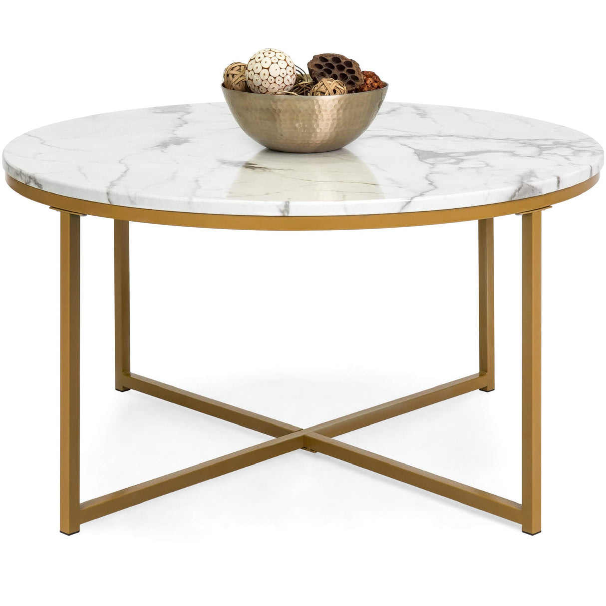 Best Choice Products 36in Faux Marble Accent Table, Modern End Table, Large Coffee Table Home Decor for Living Room, Dining Room, Tea, Coffee w/Metal Frame, Foot Caps, Designer - White/Gold Best Choice Products
