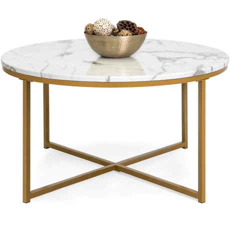 Best Choice Products 36in Faux Marble Accent Table, Modern End Table, Large Coffee Table Home Decor for Living Room, Dining Room, Tea, Coffee w/Metal Frame, Foot Caps, Designer - White/Gold Best Choice Products