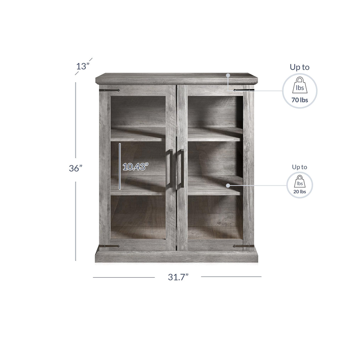 BELLEZE Storage Cabinet with Shelves and Glass Doors Glass Display Cabinet Pantry Cabinet Organizer 3 Tiers Curio Cabinet Hutch Cabinet for Entryway Living Room Hallway Kitchen - Ashford (Gray Wash) BELLEZE