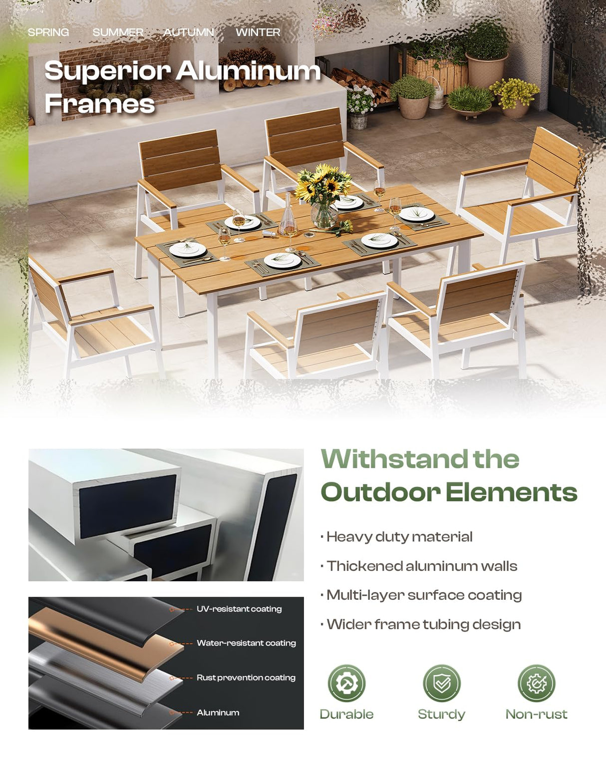 Oasbira Outdoor Dining Set for 4, Patio Table and Chairs Set with Umbrella Hole, 5 Pieces HDPS Outdoor Furniture Sets for Patio, Garden, Backyard (White & Teak) Oasbira