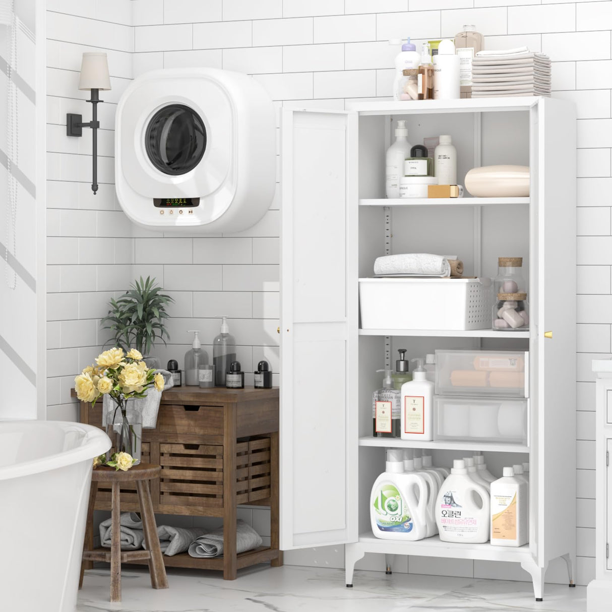 GREATMEET 65" Food Pantry Cabinet, Tall Kitchen Pantry Cabinet, White Metal Farmhouse Kitchen Cupboard with Doors and Adjustable Shelves for Dining Room, Living Room and Laundry GREATMEET