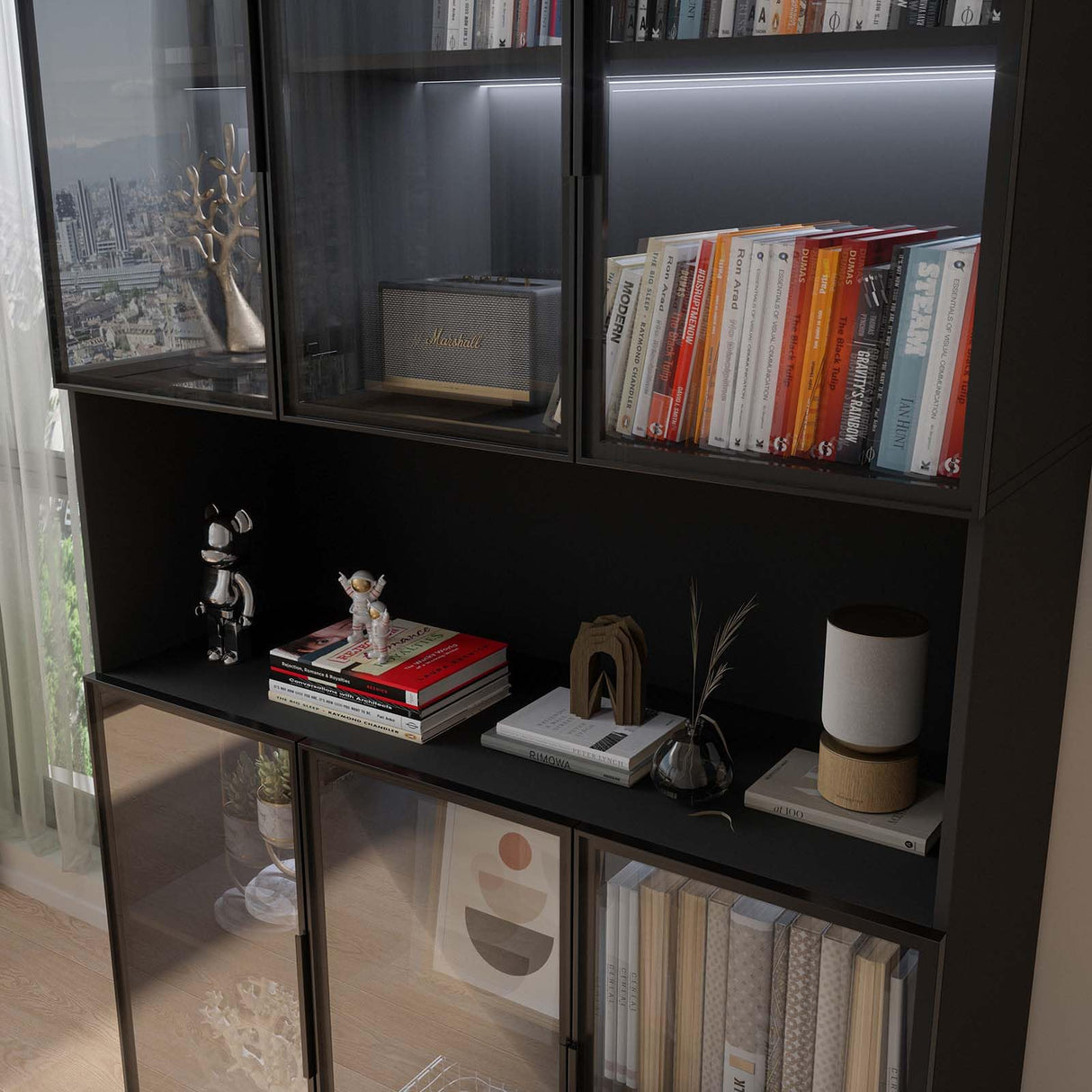 Jiaoun Display Cabinet with Glass Doors, LED Light and Storage Shelve, Curio Cabinets Modern Style Bookcase Trophy Case Display Cabinet for Collectibles - Black (47.2 "W x 16.5 "D x 78.7 "H) Jiaoun