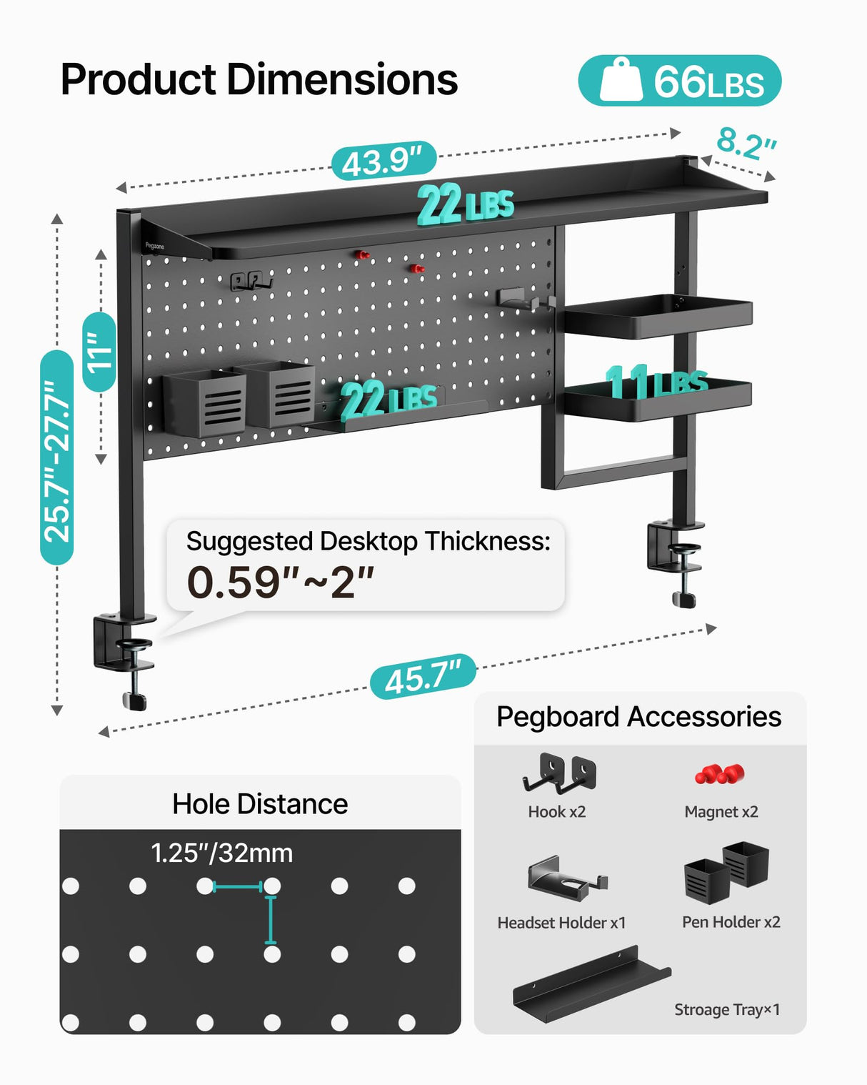 PEGZONE Clamp on Desk Shelf, 44" Desktop Shelving System with Pegboard and Accessories, Desktop Organizer with 2-Tier Shelf, Desk Pegboard for Office Home Gaming, Black PEGZONE