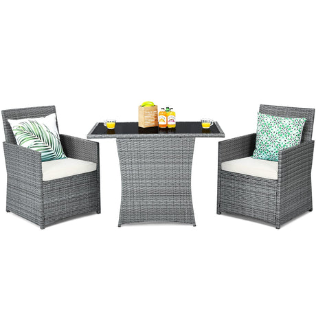 Tangkula 3 Pieces Patio Dining Set, Patiojoy Space-Saving PE Rattan Bistro Set with Tempered Glass Top Table and Cushioned Chairs, Outdoor Conversation Set for Garden, Backyard, Poolside, Porch Tangkula