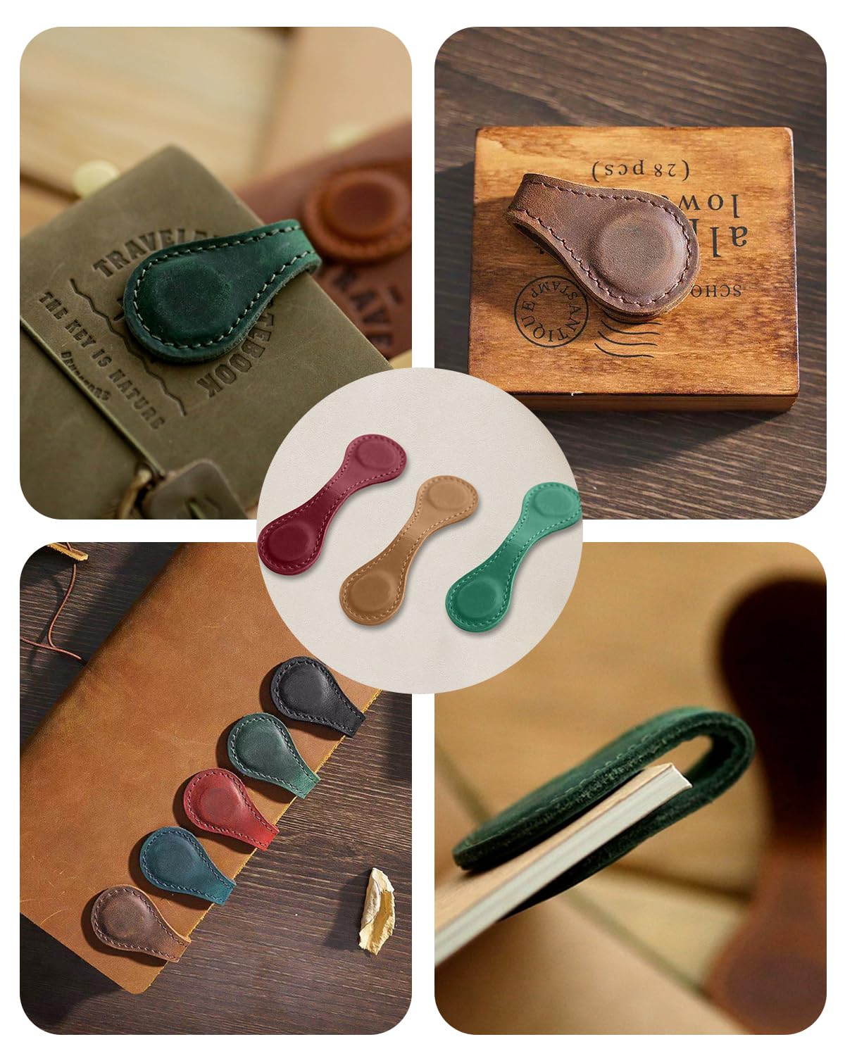 6 Pcs Magnetic Bookmarks, Personalized Bookmarks, Vintage Faux Leather Book Mark, Double-Sided Magnetic Bookmarks (Red+Green+Brown+Black+Blue+Coffee)