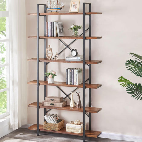 HSH Distressed Brown Solid Wood 6-Tier Industrial Bookcase with Sturdy Metal Frame HSH