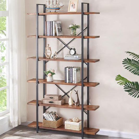 HSH Distressed Brown Solid Wood 6-Tier Industrial Bookcase with Sturdy Metal Frame - WoodArtSupply