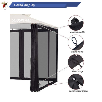 10x12 Gazebo Replacement Mosquito Netting, 4-Panel Sidewall Screen with Zipper Universal Black (10'x12')