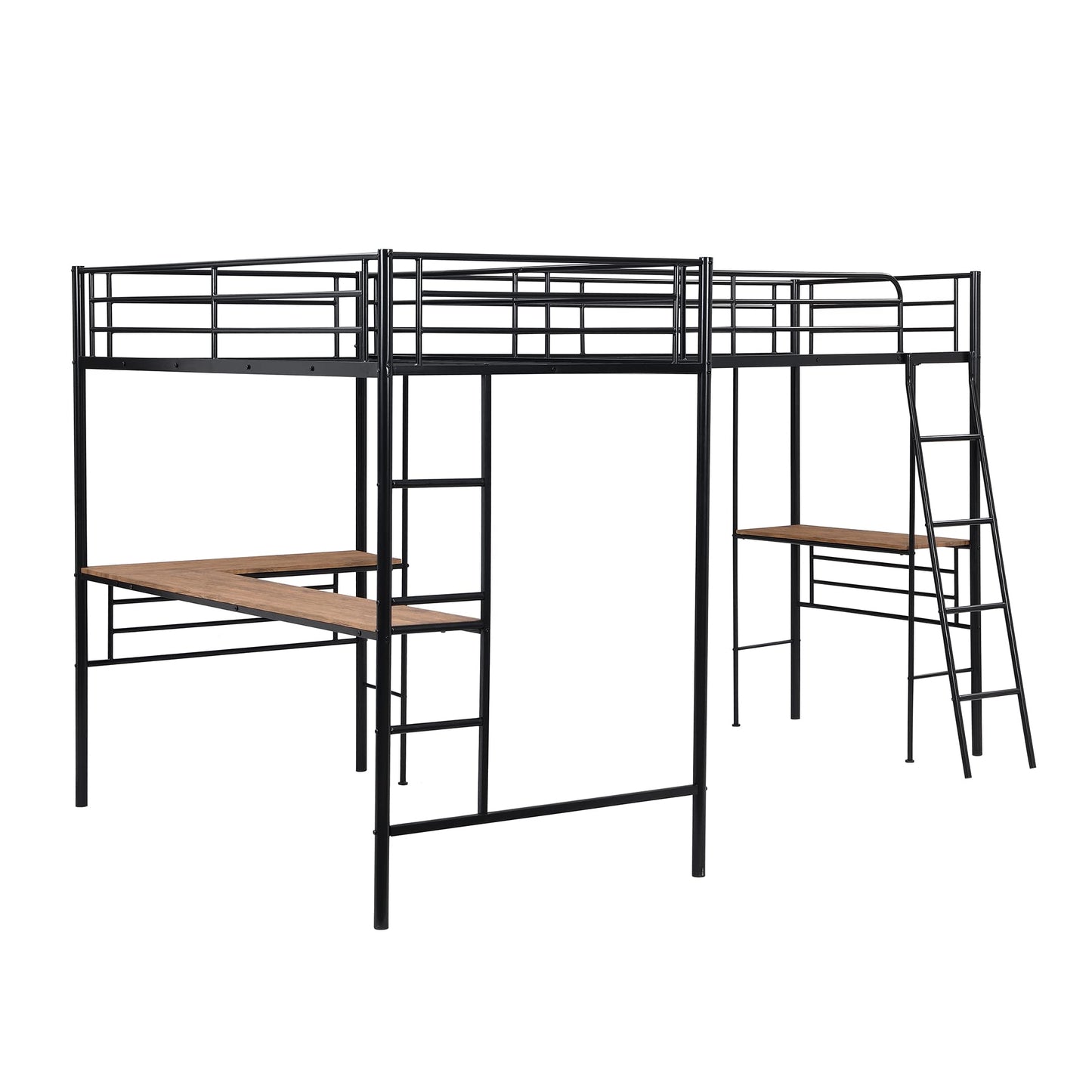 MERITLINE Metal Twin Size L-Shaped Loft Bed, Twin Size Loft Bed Frame with Two Built-in Desks Underneath for Kids Boys Teens, Black