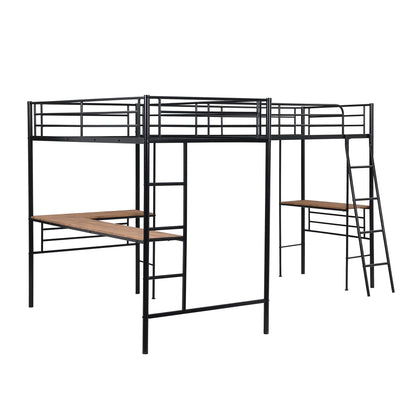 MERITLINE Metal Twin Size L-Shaped Loft Bed, Twin Size Loft Bed Frame with Two Built-in Desks Underneath for Kids Boys Teens, Black