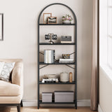 Klysiora 5 Tier Arched Bookcase Shelf Tall Bookcase with Storage Vertical Display Shelf Rack Modern Bookcase Wood and Metal Storage Shelving Unit for Bedroom, Living Room, Home Office, Black Klysiora