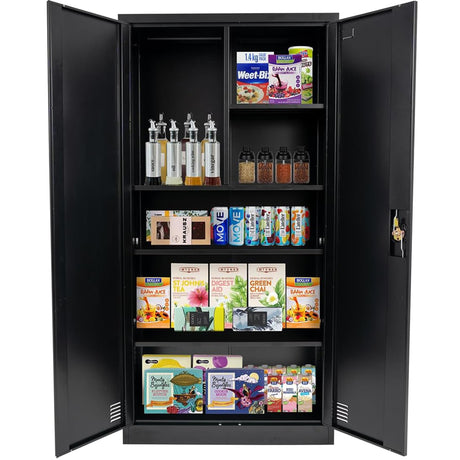 EazeHome Metal Garage Storage Cabinet, 72" Tall Steel File Cabinet with 2 Lockable Doors and Adjustable Shelves, Heavy Duty Tool Cabinet for Garages, Offices, Kitchens, Gyms, Black EazeHome