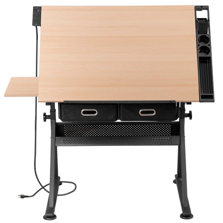 ZENY Adjustable Drafting Table with Stool, Tilting Drawing Desk Artist Table with Storage Drawers, Art Craft Workstation for Home Office Reading, Writing, Crafting (Brown-with Outlet) ZENY