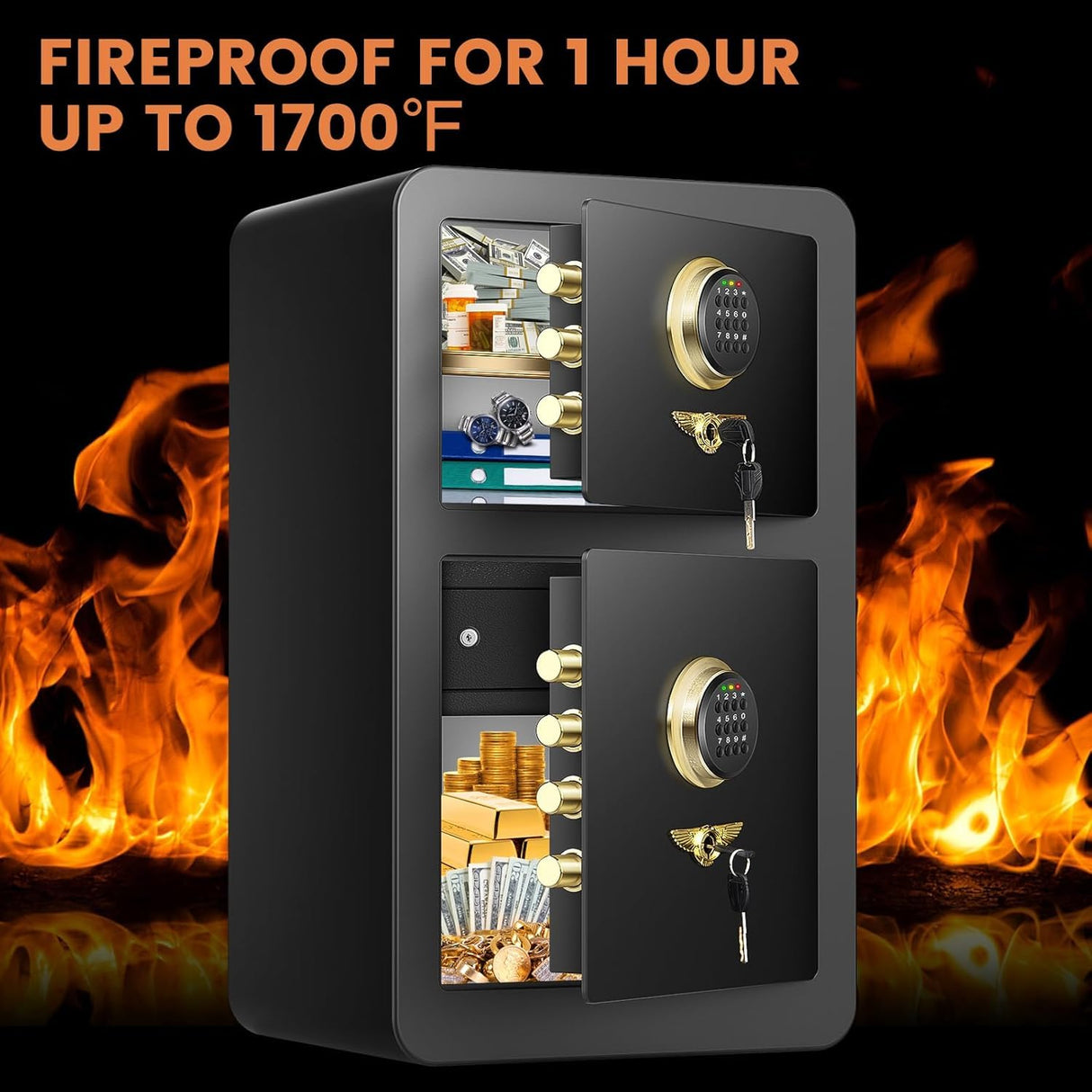 [2025 Upgraded] 8.1 Cu ft Extra Large Home Safe Fireproof Waterproof with [DOUBLE SAFES], Heavy Duty Fireproof Safe Box with [Hidden Lock Box], Fireproof Safe for Home Documents Business Office USE GHJGAGE