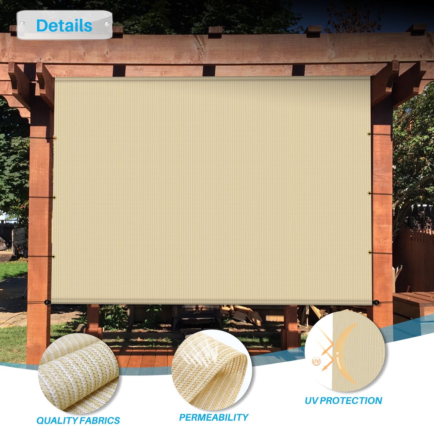 Patio 10' x 16' Pergola Canopy Replacement Shade Cover Universal Outdoor Sun Shade Cloth with Weighted Rods, Shade Screen for Gazebo Deck Porch Balcony, Beige