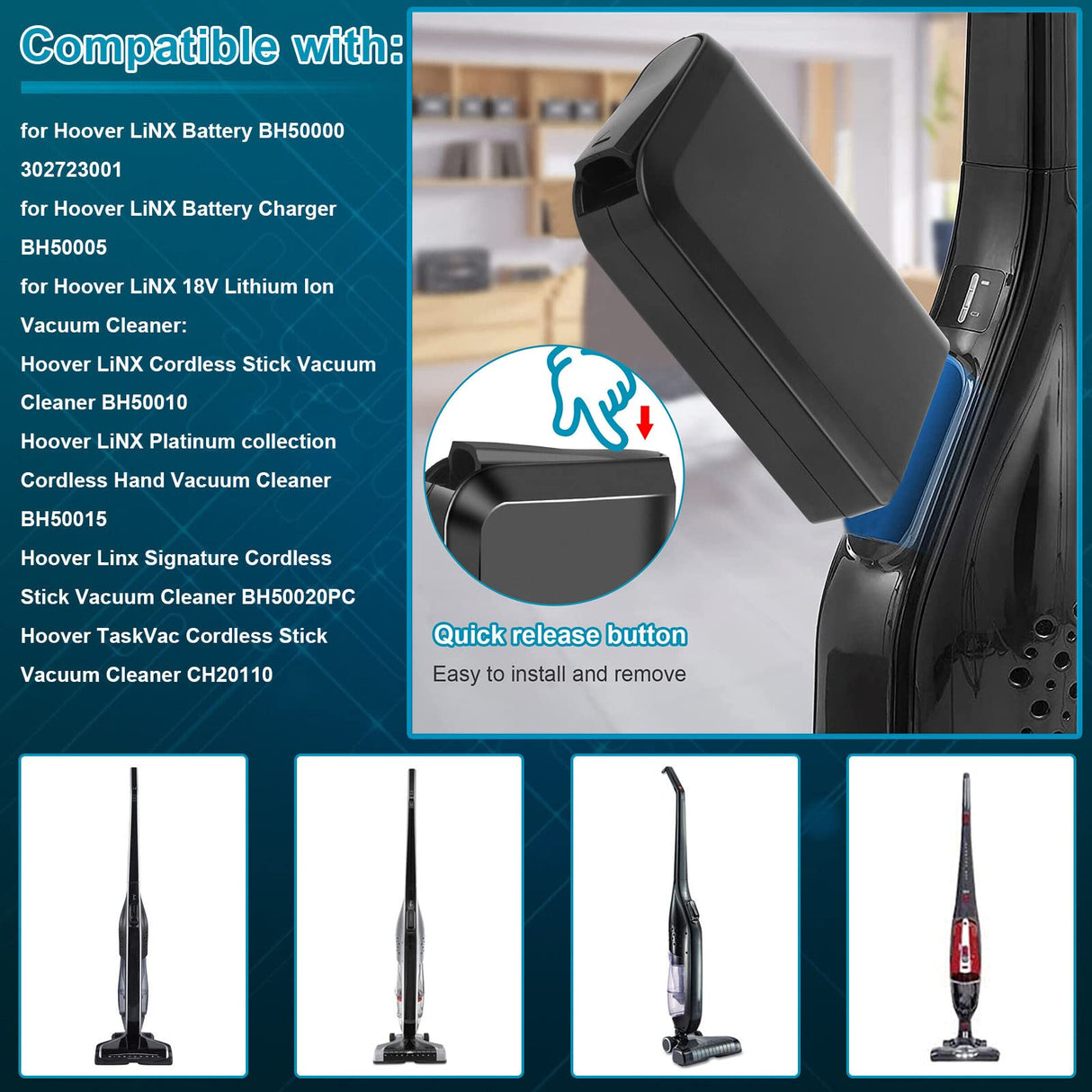 TenHutt 【UPGRADE 4.0Ah !】 18V Lithium Ion Replacement Battery for Hoover 18V Linx Battery Compatible with BH50000 BH50010 BH50015 302723001 BH50020 Cordless Stick Vacuum TenHutt