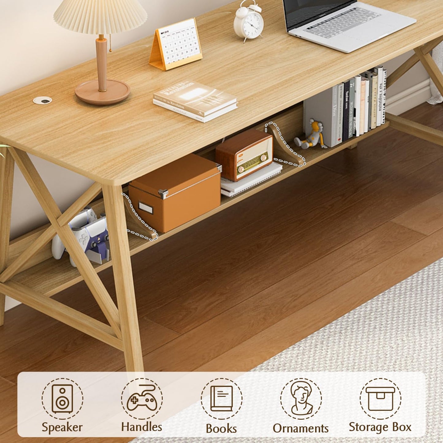 NELYE Oak Extra Long Minimalist Desk with Bookshelf - Solid Wood 2-Person Workstation for Home Office - WoodArtSupply