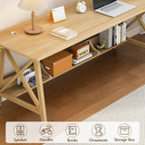 NELYE Oak Extra Long Minimalist Desk with Bookshelf - Solid Wood 2-Person Workstation for Home Office NELYE