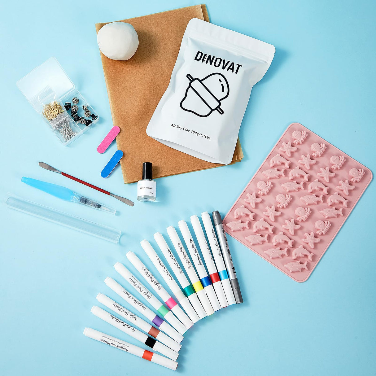 DINOVAT Air Dry Clay Pottery Kit for Adults - DIY Craft Kit Includes:500gClay, 13 Acrylic Paint Pens,Clay Mold,GlossVarnish,Tools & Step-by-Step – Perfect for Pendants, Brooches DINOVAT