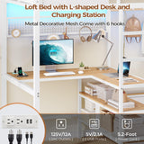 DICTAC Twin Loft Bed with L-Shaped Desk and Charging Station Twin Size Metal Bed Frame with LED Lights,Storage Shelves and Coat Rack with 2 Storage Drawers,Top Bunk with Safety Guard & Stair, White DICTAC