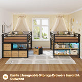 BTHFST Twin Size Low Loft Bed with 6 Fabric Storage Drawers, Metal Loft Bed Twin with LED Lights & Open Storage Shelves, 15" H Safety & Guardrail Stairs Loft Bed for Kids, Black & Natural BTHFST