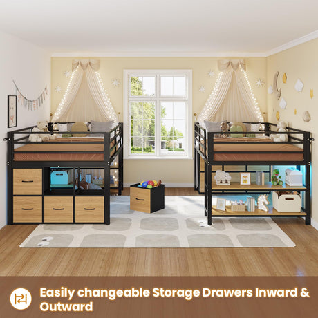 BTHFST Twin Size Low Loft Bed with 6 Fabric Storage Drawers, Metal Loft Bed Twin with LED Lights & Open Storage Shelves, 15" H Safety & Guardrail Stairs Loft Bed for Kids, Black & Natural BTHFST