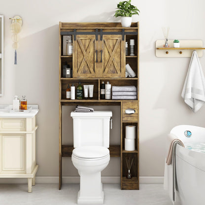 Over The Toilet Storage Cabinet, Farmhouse Storage Cabinet Over Toilet with Sliding Doors & Toilet Paper Holder Stand，Home Space-Saving Toilet Rack, for Bathroom, Restroom, Laundry