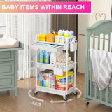 Goovilla 3 Tier Rolling Utility Cart Organizer with Removable Drawer, Stable and Sturdy White Rolling Storage Carts with 2 Lockable Wheels for Bathroom, Kitchen, Snack, Craft, Makeup, Baby Essentials Goovilla
