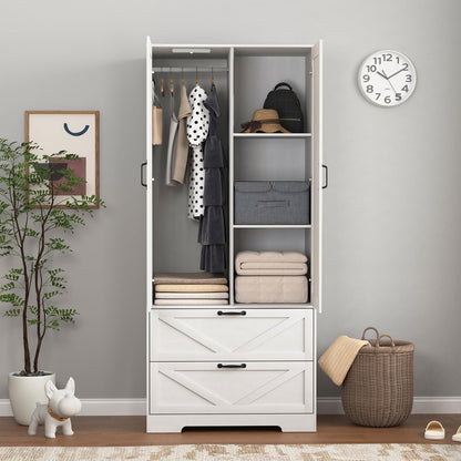 UZUGUL Armoire Wardrobe Closet with Mirror Door and Light,Farmhouse Bedroom Armoire Cabinet with Hanging Rod and 2 Drawer,Wooden Wardrobe Cabinet Closet with Adjustable Shelf for Bedroom - WoodArtSupply