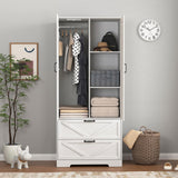 Armoire Wardrobe Closet, 72'' Wardrobe Cabinet with 2 Drawers & Mirror, 2 Doors Bedroom Clothes Closet with Hanging Rod & Built-in Light, Wooden Wardrobe Cabinet with Adjustable Shelf for Bedroom Rumiiro
