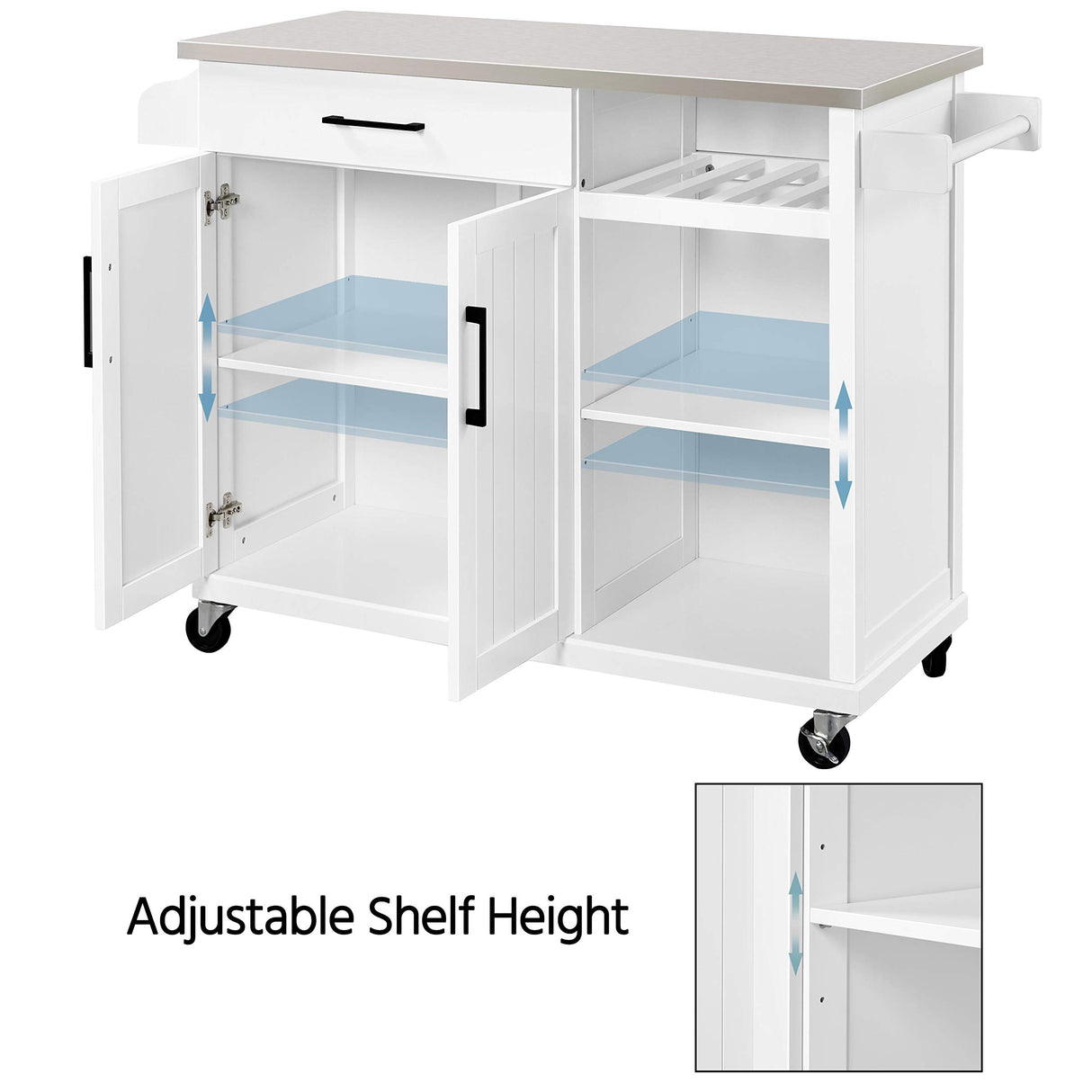 Yaheetech Kitchen Island Cart with Stainless Steel Top, Rolling Storage Cabinet on Wheels with Drawer & Wine Rack & Spice Rack, Sideboard Buffet with Towel Bar, White Yaheetech