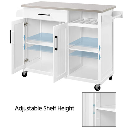 Yaheetech Kitchen Island Cart with Stainless Steel Top, Rolling Storage Cabinet on Wheels with Drawer & Wine Rack & Spice Rack, Sideboard Buffet with Towel Bar, White