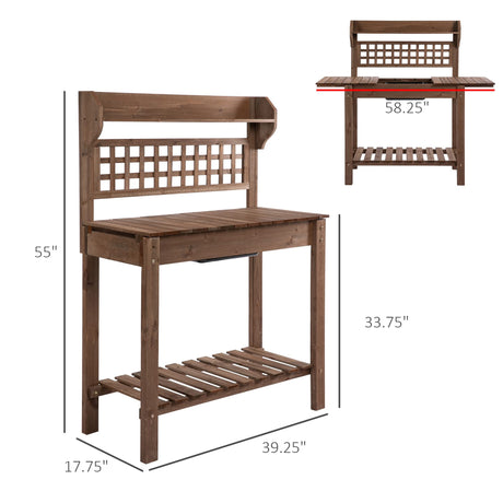 Outsunny Outdoor Potting Bench Table, Wooden Workstation with Sliding Tabletop, Storage Shelf and Dry Sink, for Greenhouse, Garden, Patio, Brown Outsunny