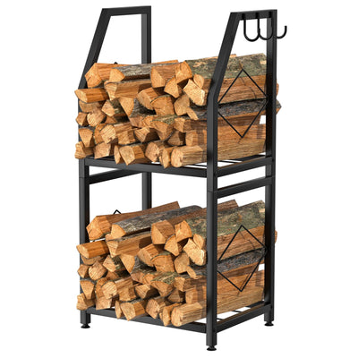 VyGrow Firewood Rack for Indoor, 2-Tier Firewood Holder with 3 Hanging Hooks, Heavy Duty Wood Rack for Outdoor Patio, Black, 11.8" D x 15.7" W x 31.9" H