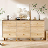 Chrangmay 9 Drawer Dresser,63" Wide Mid Century Modern Chest of Drawers,Wooden Bedroom Drawer Dresser with 9 Storage Drawers for Bedroom, Living Room,with Anti-Tipping Device,Natural Chrangmay