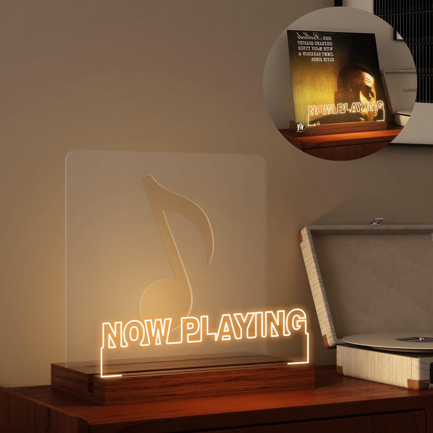 YuanDian Now Playing Vinyl Stand, Light up Now Spinning Record Stand, Wooden Acrylic Holder for Vinyl Album Display Storage, Vinyl Record LED Display Storage Collection Holder