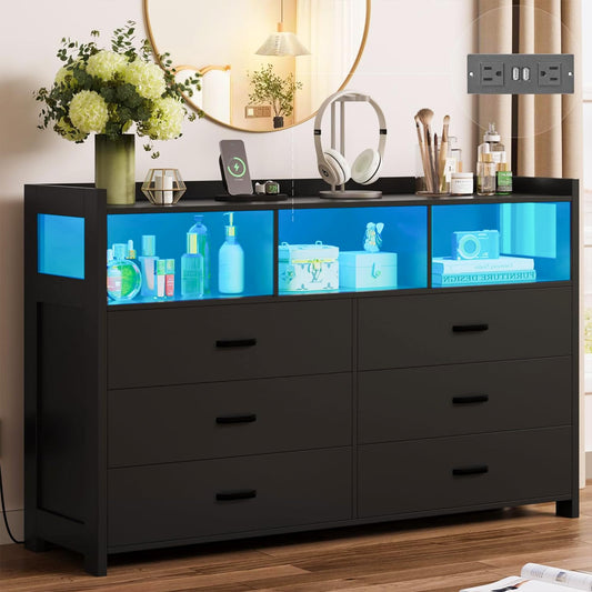 Whalefall Black LED Dresser for Bedroom, 6 Drawer Dressers & Chests of Drawers with Power Strip, Modern Dressers Wooden Storage Cabinet for Adults, Kids - WoodArtSupply