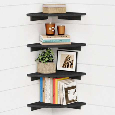 Forbena Black Floating Corner Bookshelf for Wall Set of 4, Large Corner Plant Shelves for Living Room, Rustic Rounded Corner Bookshelves Wall Mounted for Bedroom Books, Kitchen, Closet, Office Forbena