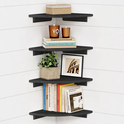 Forbena Black Floating Corner Bookshelf for Wall Set of 4, Large Corner Plant Shelves for Living Room, Rustic Rounded Corner Bookshelves Wall Mounted for Bedroom Books, Kitchen, Closet, Office